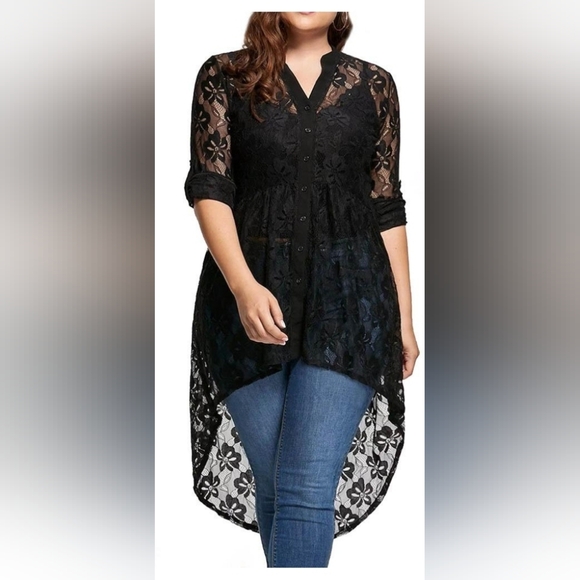 Black Lace Button-Up Tunic - Picture 1 of 9